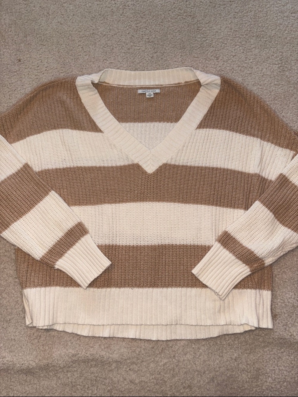V-Neck Striped Knit Sweater in Cream and Brown